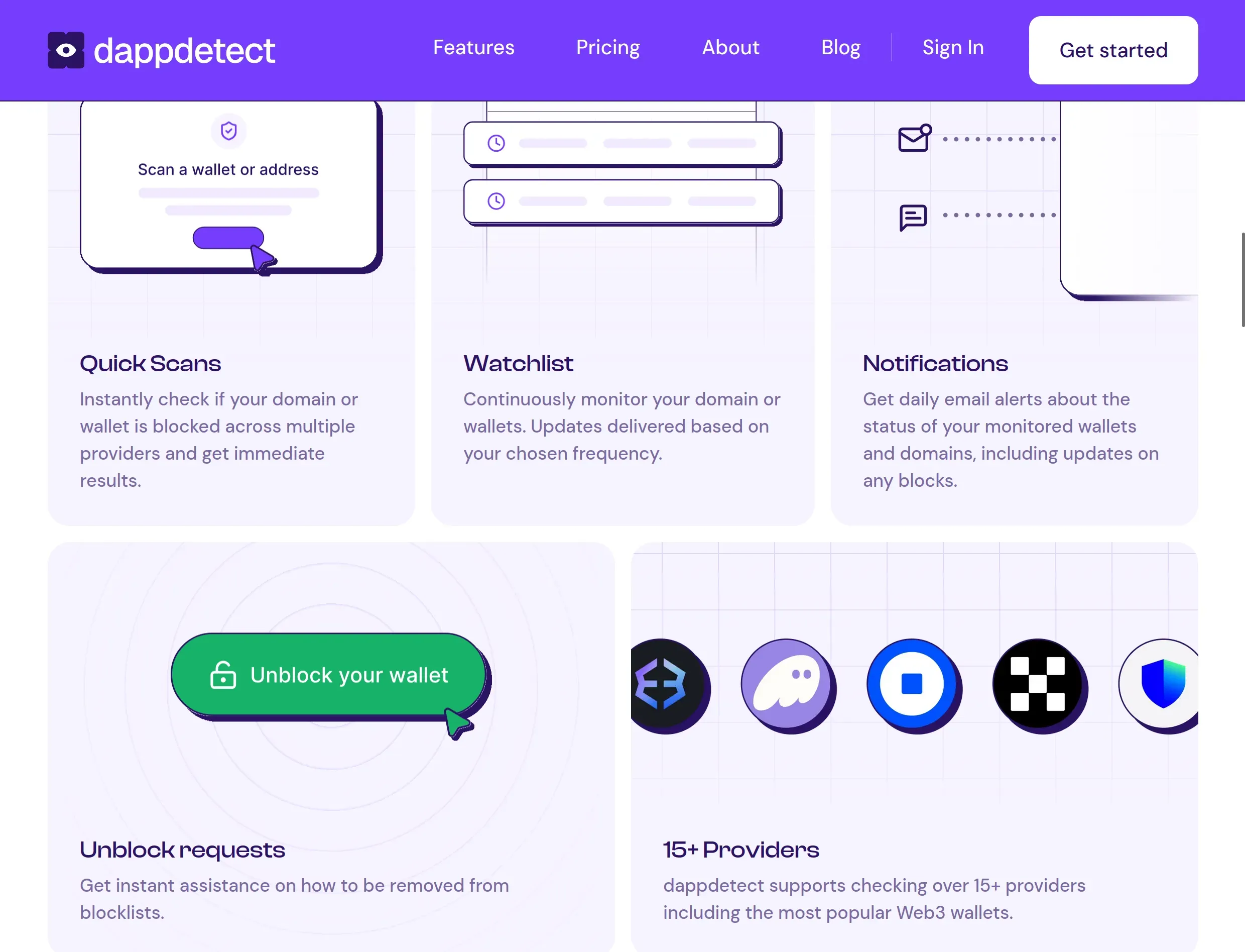 The features section of the main dapp detect website