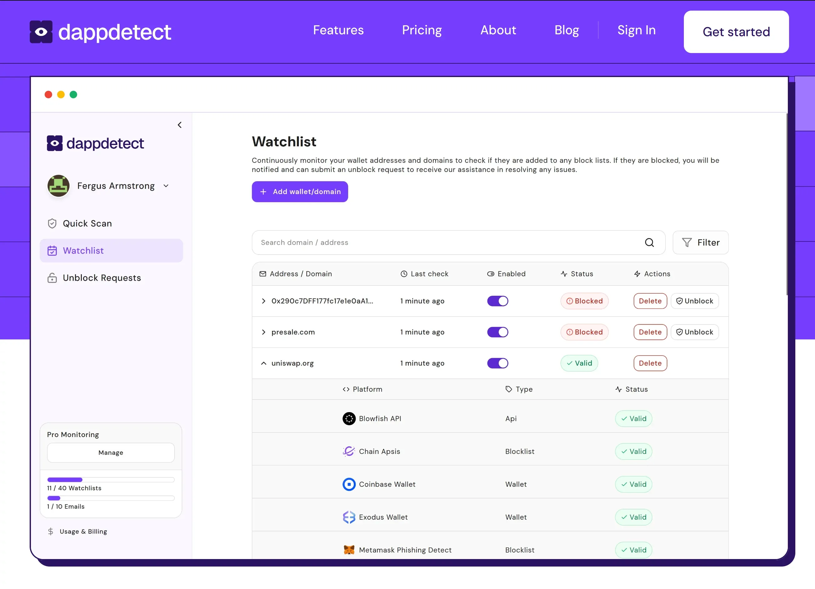 The background of the main dapp detect website